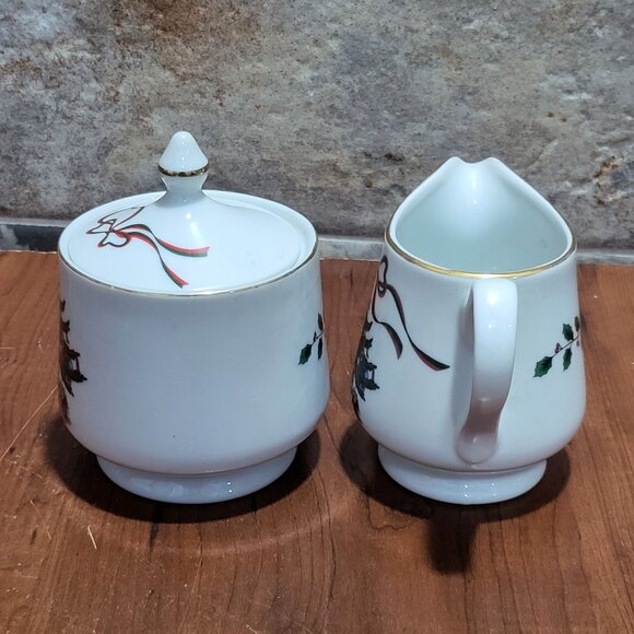 Christmas Tree & Ribbon Covered Sugar Bowl & Creamer Japan - Picture 9 of 13